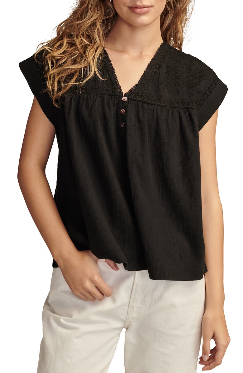 Lucky Brand Embroidered Yoke Cotton Gauze Top, Main, color, 