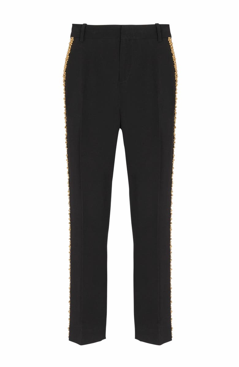Balmain Embroidered Crepe Straight-Leg Tailored Trousers, Alternate, color, Black