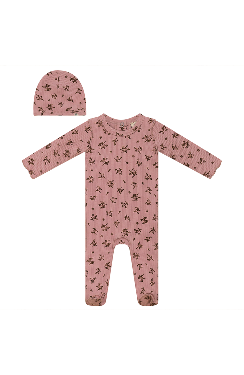 Fragile Ribbed Flower Print Romper with Hat, Main, color, Pink/Cognac