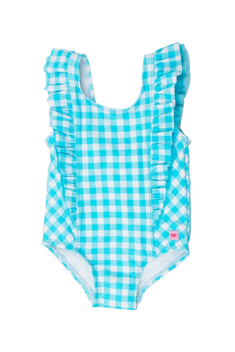 Toddler Girls UPF50+ Waterfall One Piece, Main, color, Bright Aqua Gingham