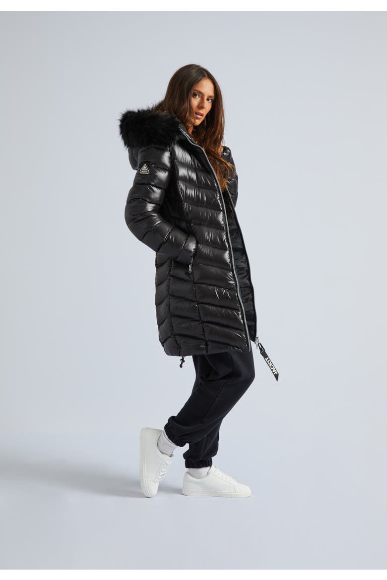 Longline Hooded Down Coat, Alternate, color, Black Shine