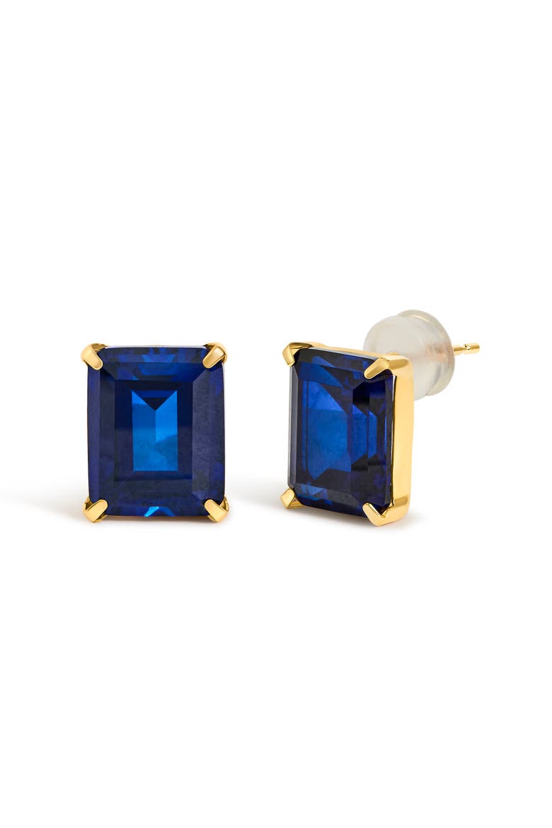 18K Yellow Gold 10x8 MM Lab Created Blue Sapphire Emerald Cut Solitaire Stud Earrings, Alternate, color, Yellow Gold