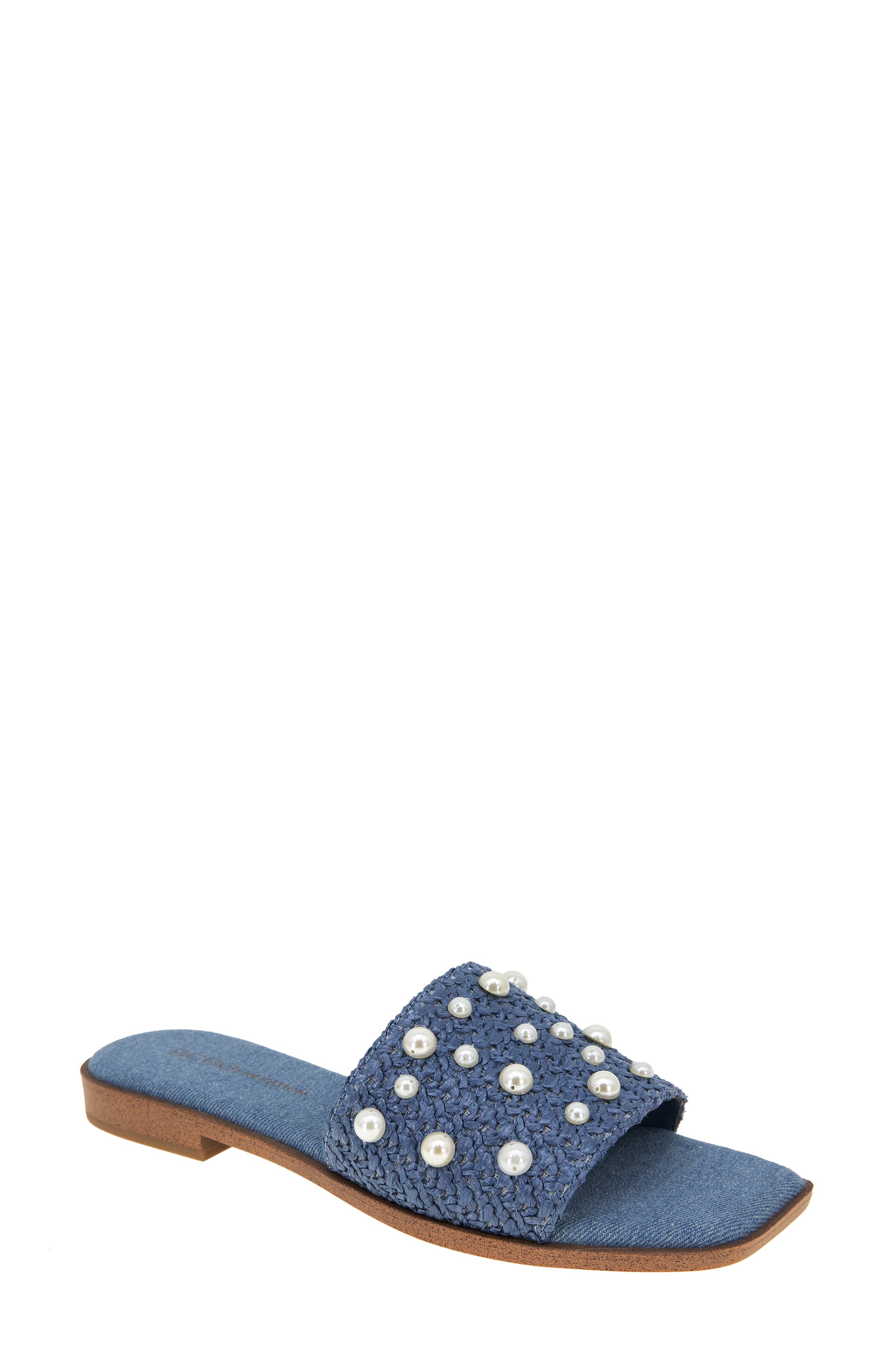 BCBGeneration Lonnie Imitation Pearl Slide Sandal, Main, color, Denim Blue Raffia