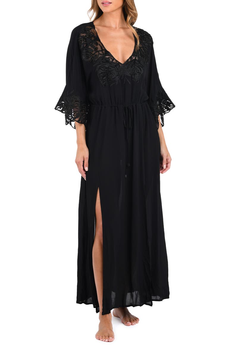 Deanna Long Sleeve Cover-Up Maxi Dress, Main, color, BLACK