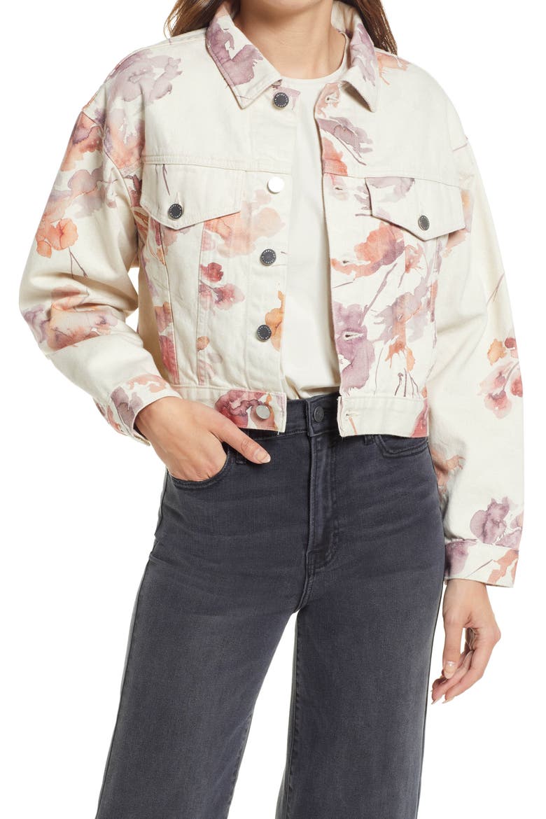Mirah Denim Trucker Jacket, Main, color, WINE FLORAL NEU