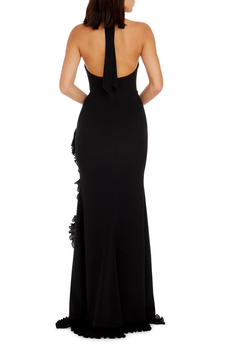 Kathleen Ruffle Halter Gown with Train, Alternate, color, BLACK