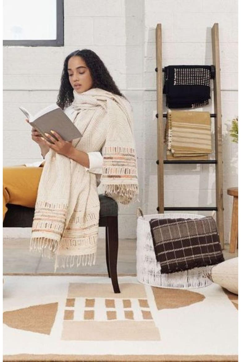 Unah Coral Fully Hand Embroidered Handwoven Organic Cotton Throw, Alternate, color, Brown
