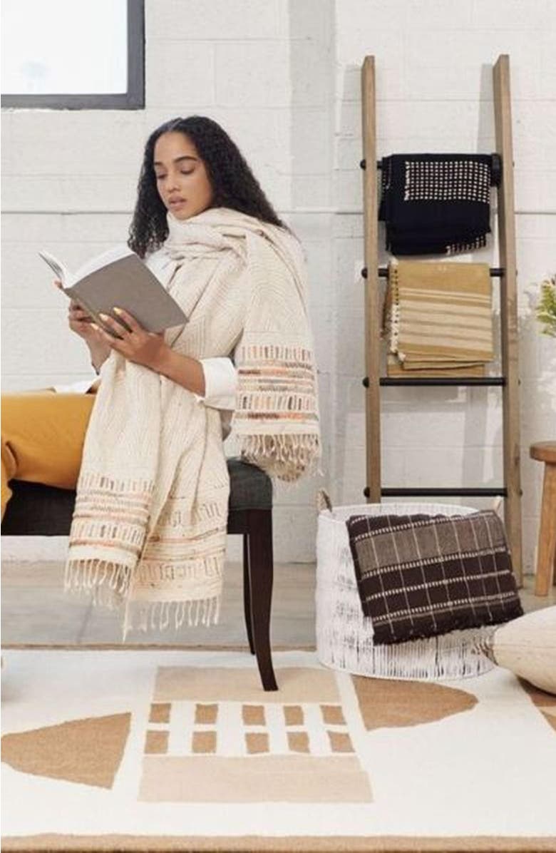 Studio Variously Unah Coral Fully Hand Embroidered Handwoven Organic Cotton Throw, Alternate, color, Brown