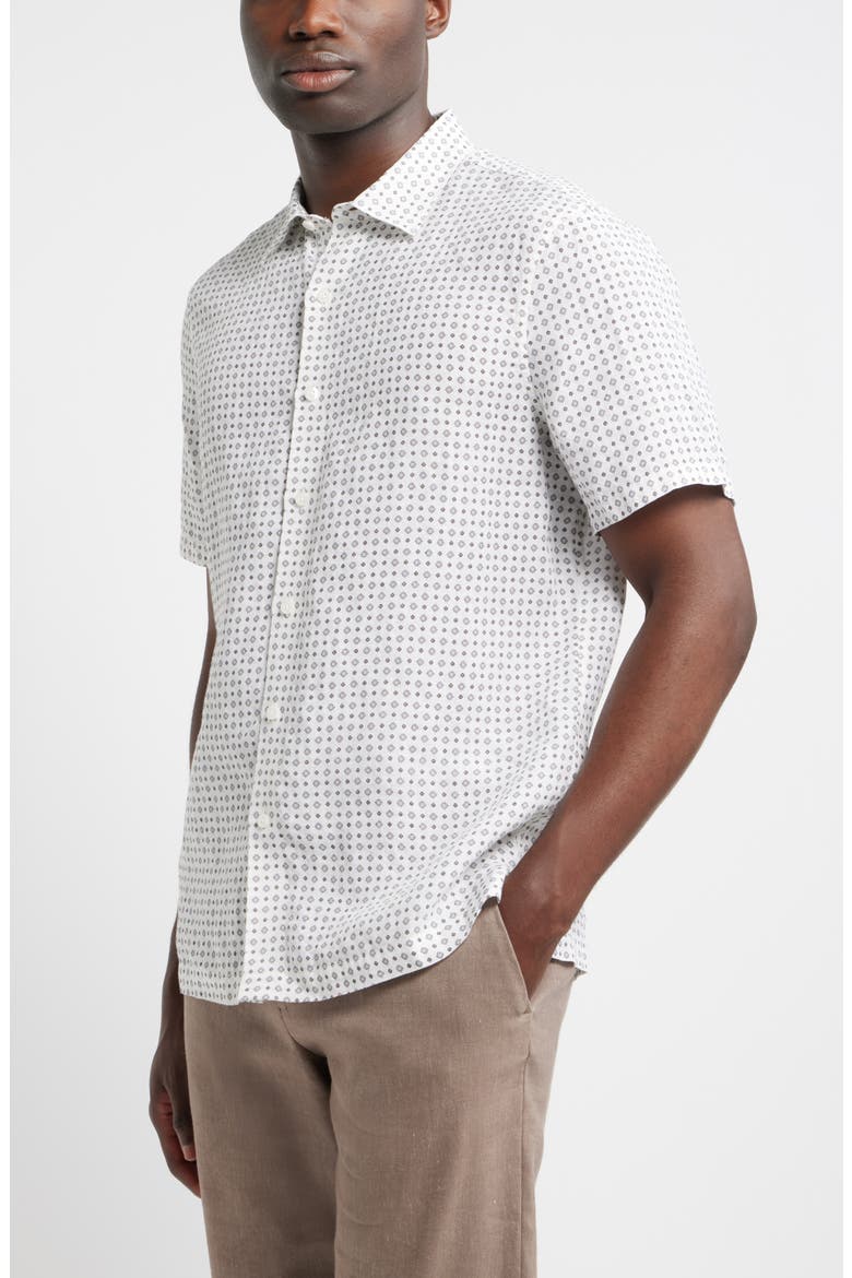 Tile Pattern Short Sleeve Linen Button-Up Shirt, Alternate, color, WHITE TILE GEO