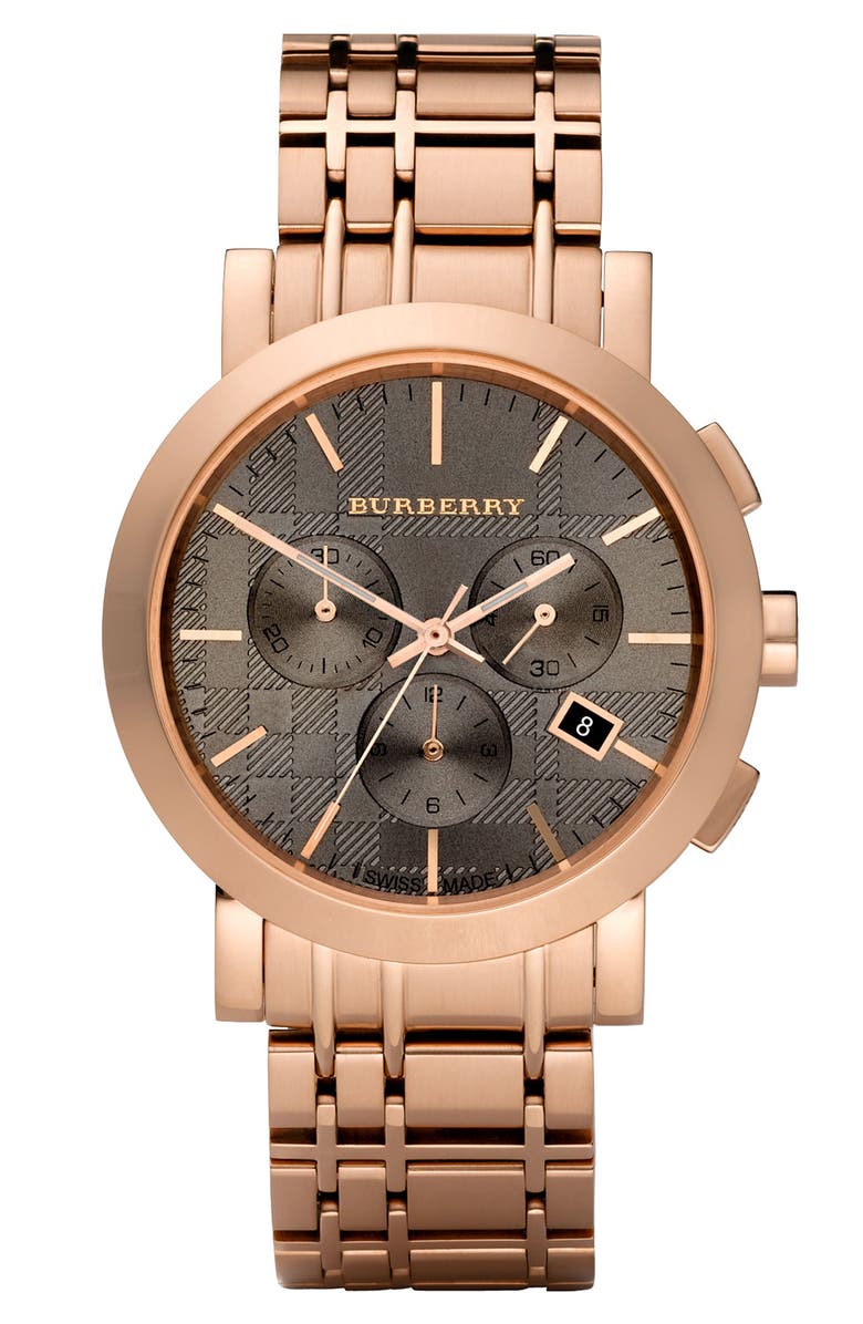 Burberry Round Rose Gold Chronograph Watch, Main, color, 