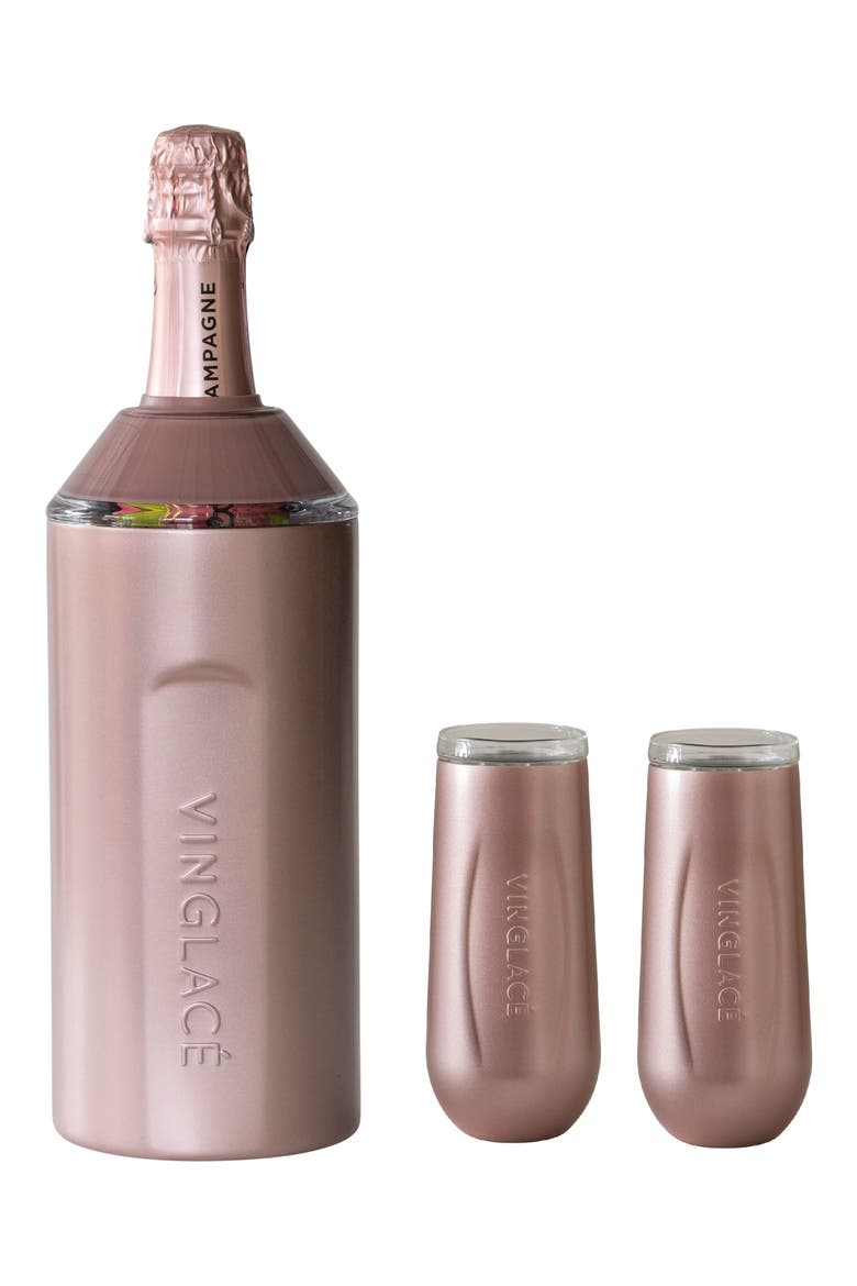 Stainless Steel & Glass Champagne Gift Set, Main, color, ROSE GOLD