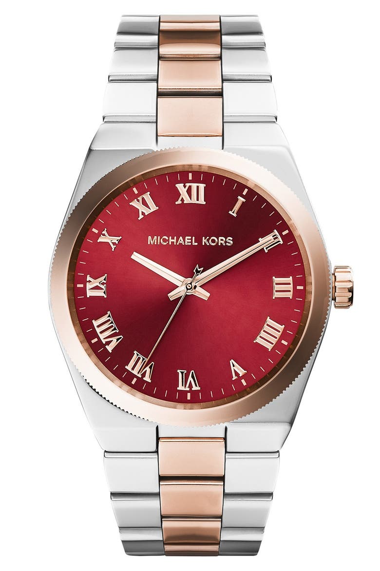 Michael Kors 'Channing' Bracelet Watch, 38mm, Main, color, SILVER/ ROSE GOLD/ RED