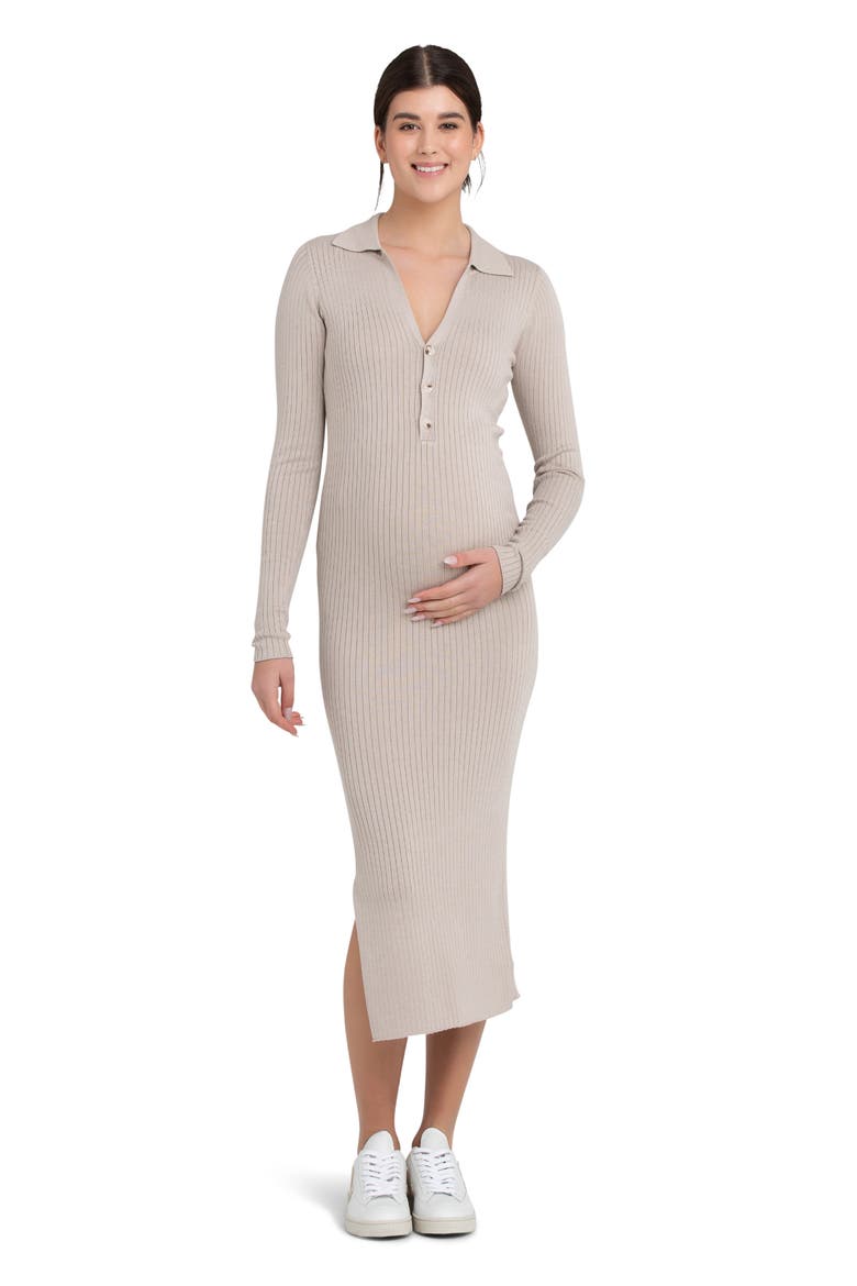 Sammy Rib Long Sleeve Maternity/Nursing Polo Dress, Alternate, color, STONE