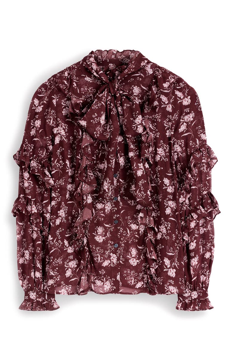Ruffled Georgette Tie Neck Top, Alternate, color, FUDGE, ENCHANTED SPRIGS