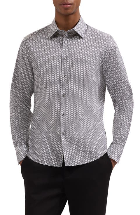 Julian Shaped Fit Geometric Pinwheel Print Stretch Cotton Button-Up Shirt