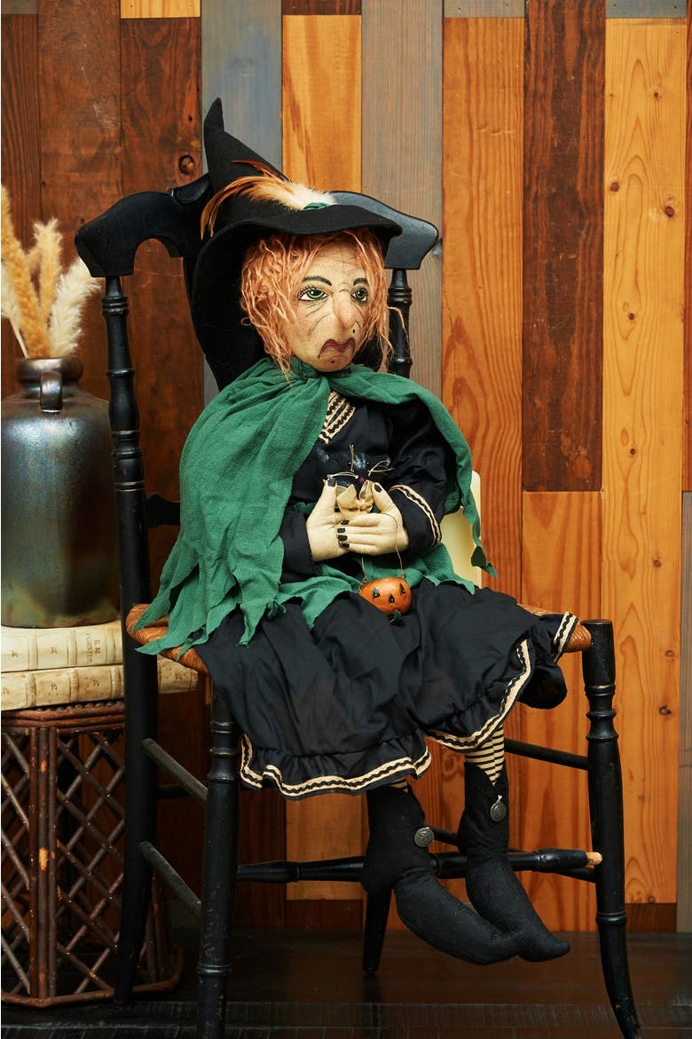 Yolanda Witch Black Cat Halloween Joe Spencer Gathered Traditions Figurine, Alternate, color, Green