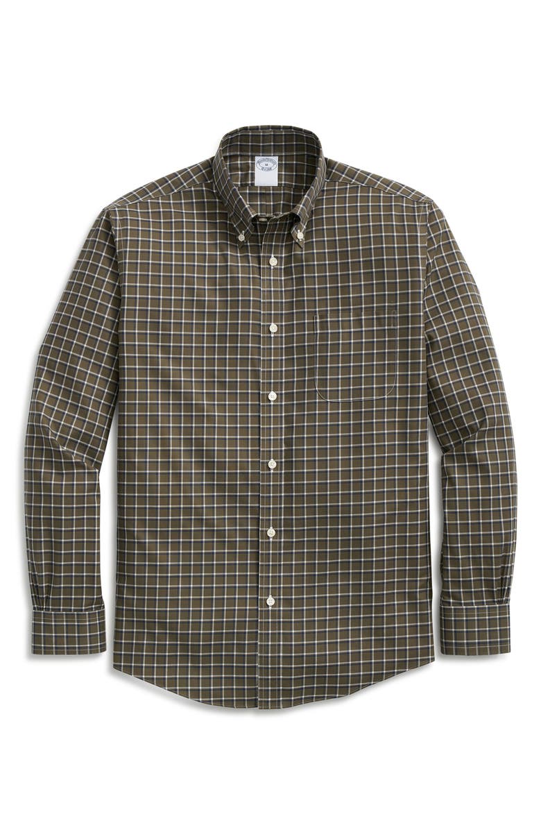 Brooks Brothers Fall Check Regular Fit Non-Iron Stretch Button-Down Shirt, Alternate, color, Olive