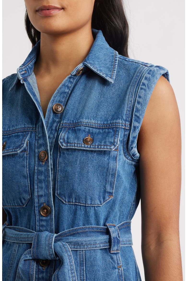 Sleeveless Tie Belt Denim Shirtdress, Alternate, color, MID BLUE
