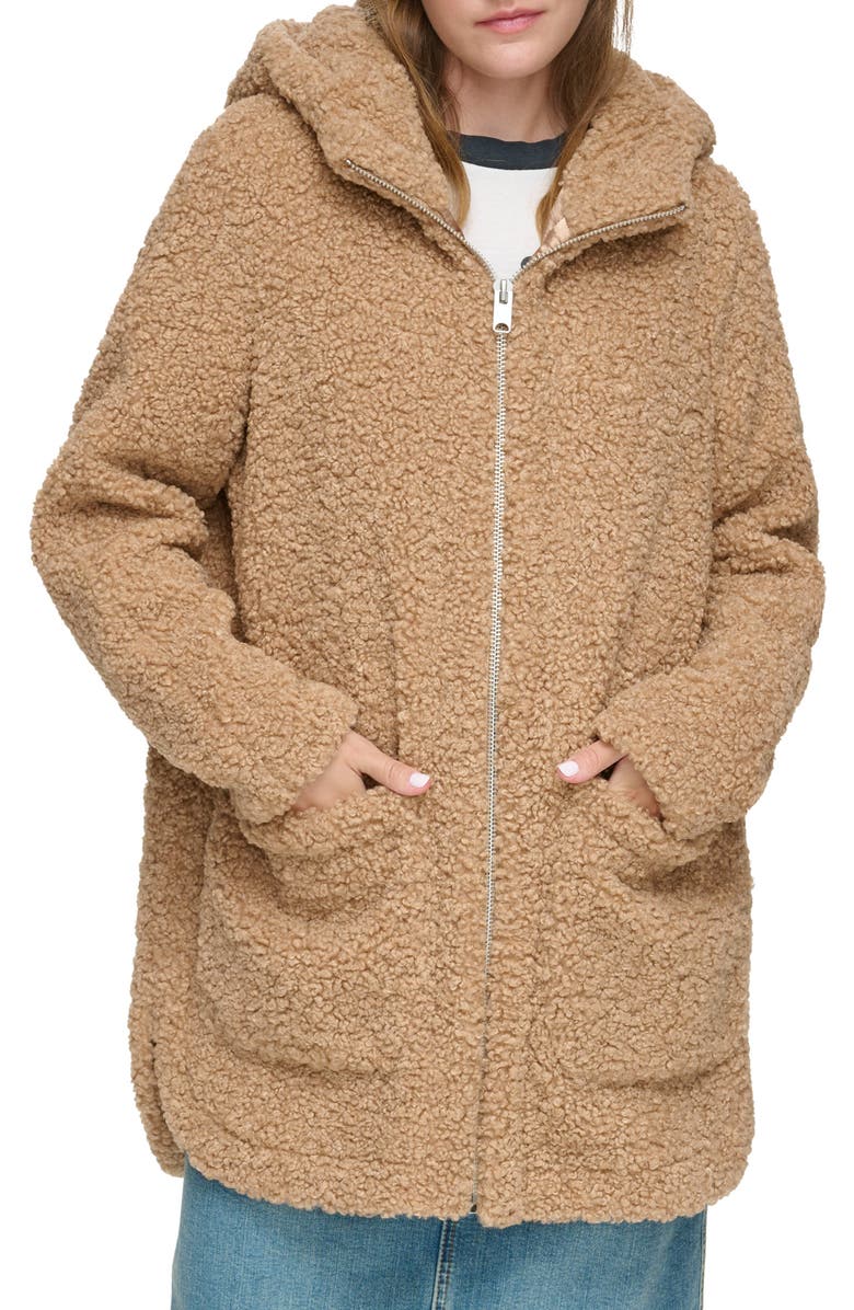 Andrew Marc Seneca Faux Shearling Hooded Jacket, Main, color, Camel