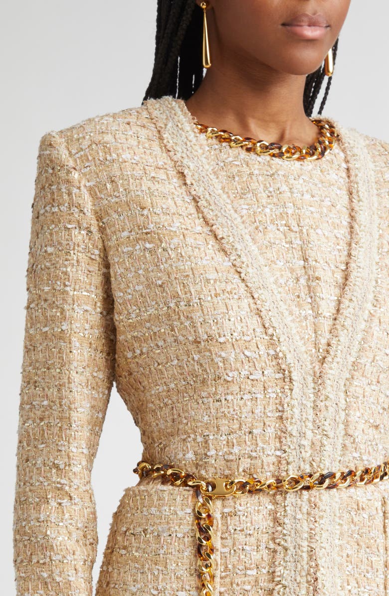 ST. JOHN Tweed Jacket with Chain Belt, Alternate, color, Flax Willow/ Ivory Multi