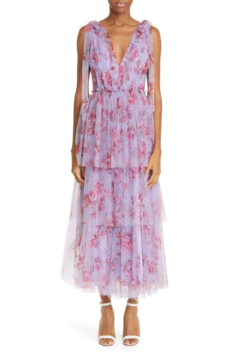 Floral Print Tiered Tulle Midi Dress, Main, color, LAVENDER