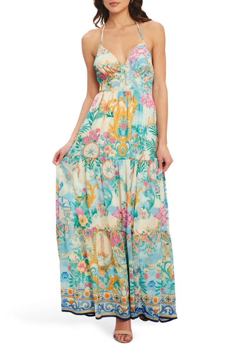 FLYING TOMATO Print Halter Maxi Dress, Main, color, Ivory Multi