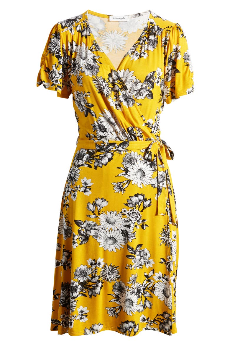 Floral Faux Wrap Knit Dress, Alternate, color, SUNFLOWER