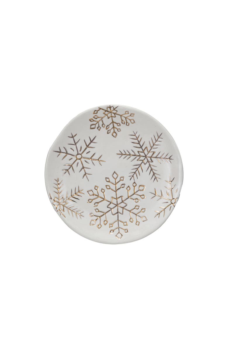 Storied Home Stoneware Plate with Gold Electroplated Snowflakes, White and Gold, Main, color, 