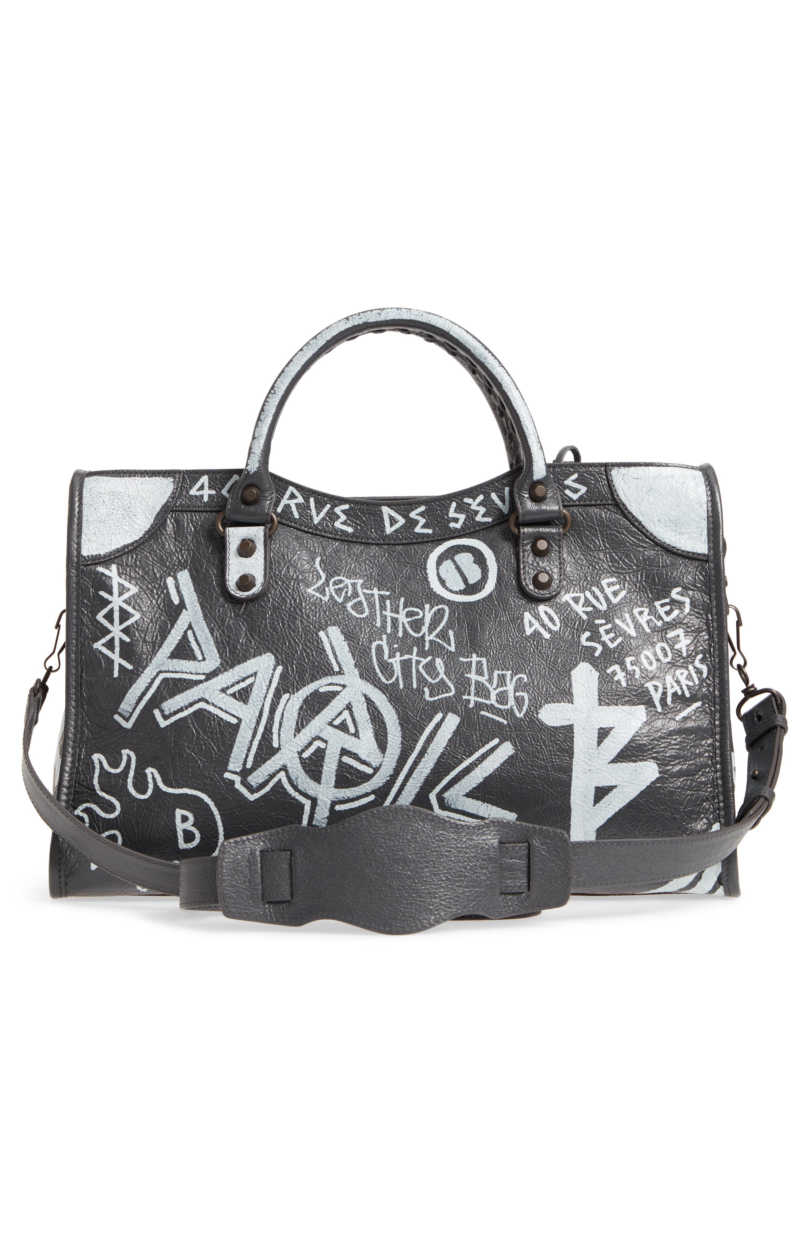 City Graffiti Leather Tote, Alternate, color, GRIS FOSSILE/ BLANC