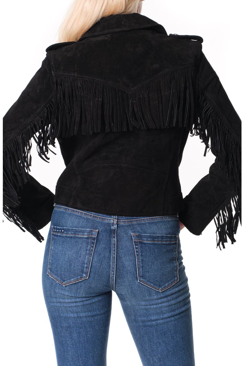 Fringe Trim Suede Moto Jacket, Alternate, color, BLACK