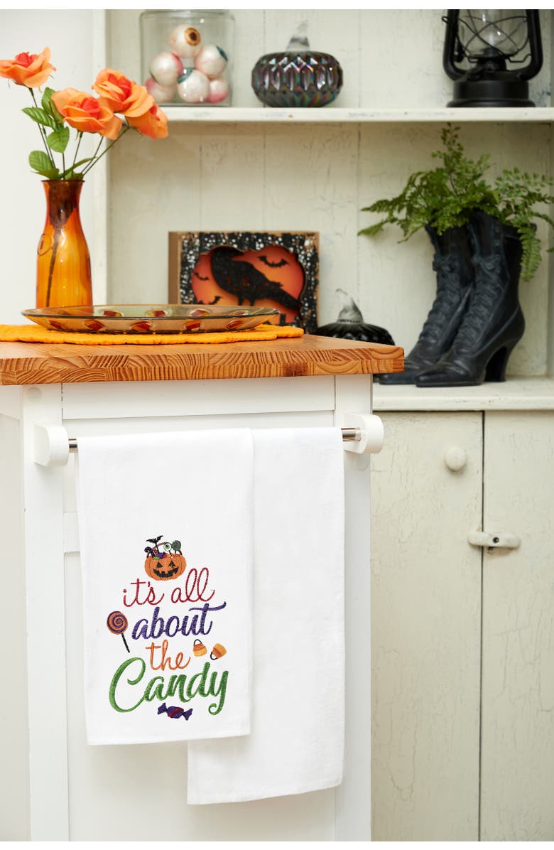 C&F Home All About The Candy Halloween Cotton Embroidered Flour Sack Kitchen Dishtowel, Alternate, color, White
