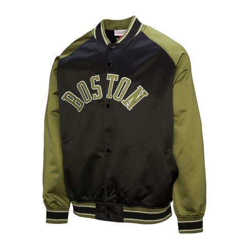 Men
s Mitchell 
Ness Olive/Black Boston Celtics Clutch Satin Raglan Full-Snap Jacket