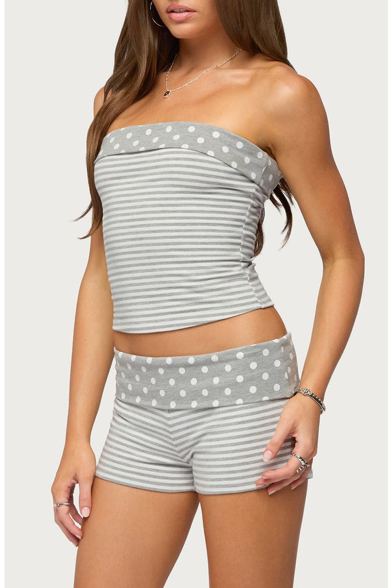 Presley Stripe & Polka Dot Foldover Tube Top, Alternate, color, LIGHT-GRAY-MELANGE-AND-WHITE