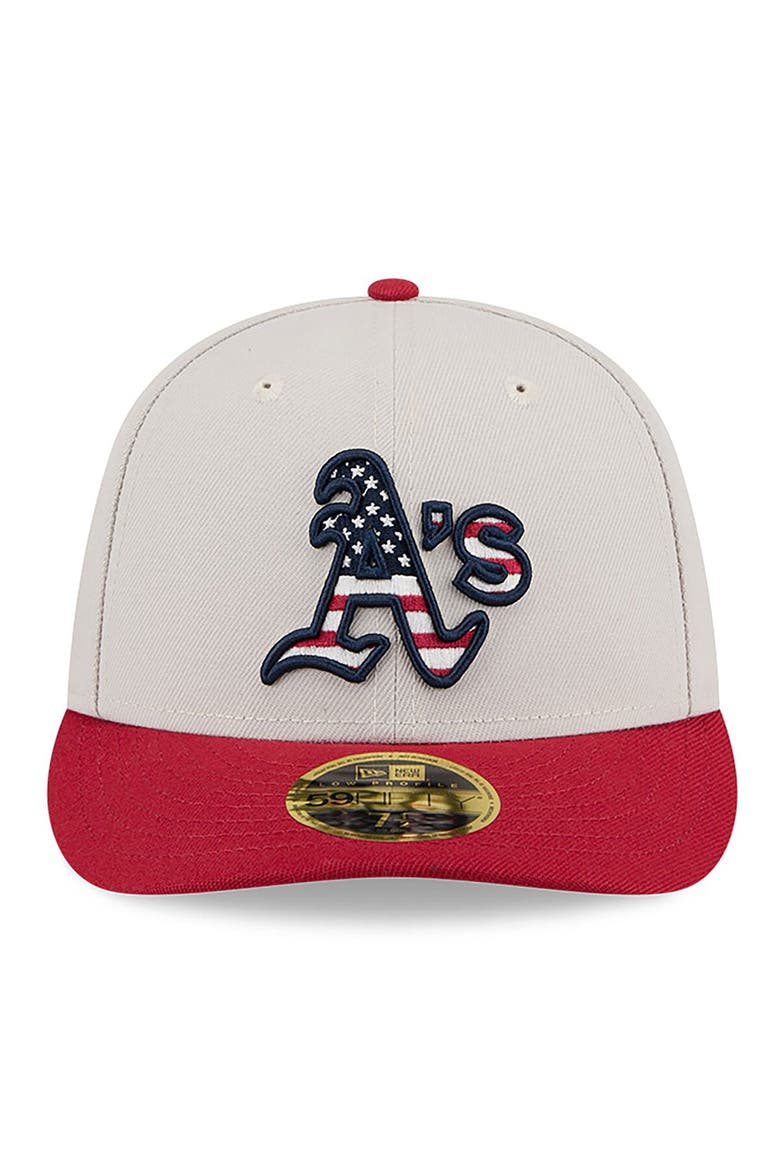 Men's New Era Khaki/Red Athletics 2024 Fourth of July Low Profile 59FIFTY Fitted Hat, Alternate, color, Khaki