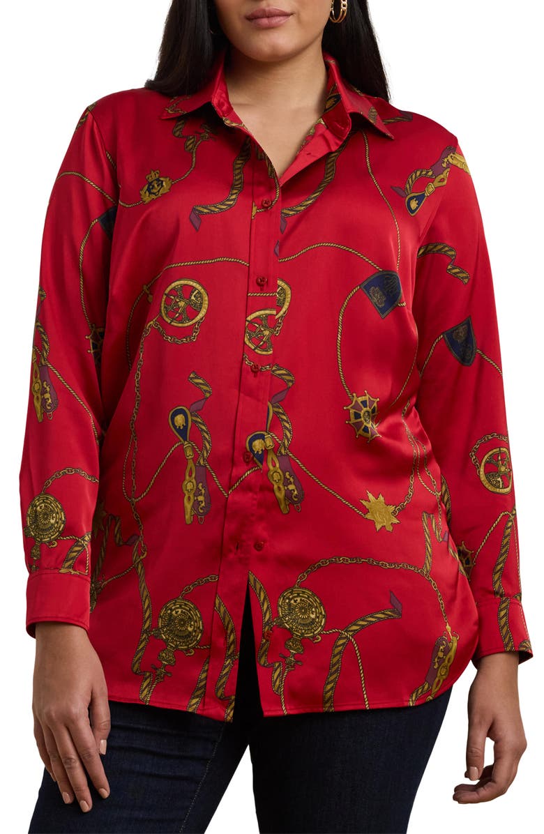 Lauren Ralph Lauren Jamelko Chain Print Charmeuse Button-Up Shirt, Main, color, 
