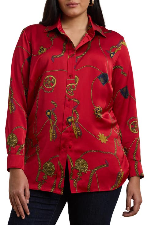 Jamelko Chain Print Charmeuse Button-Up Shirt (Plus)