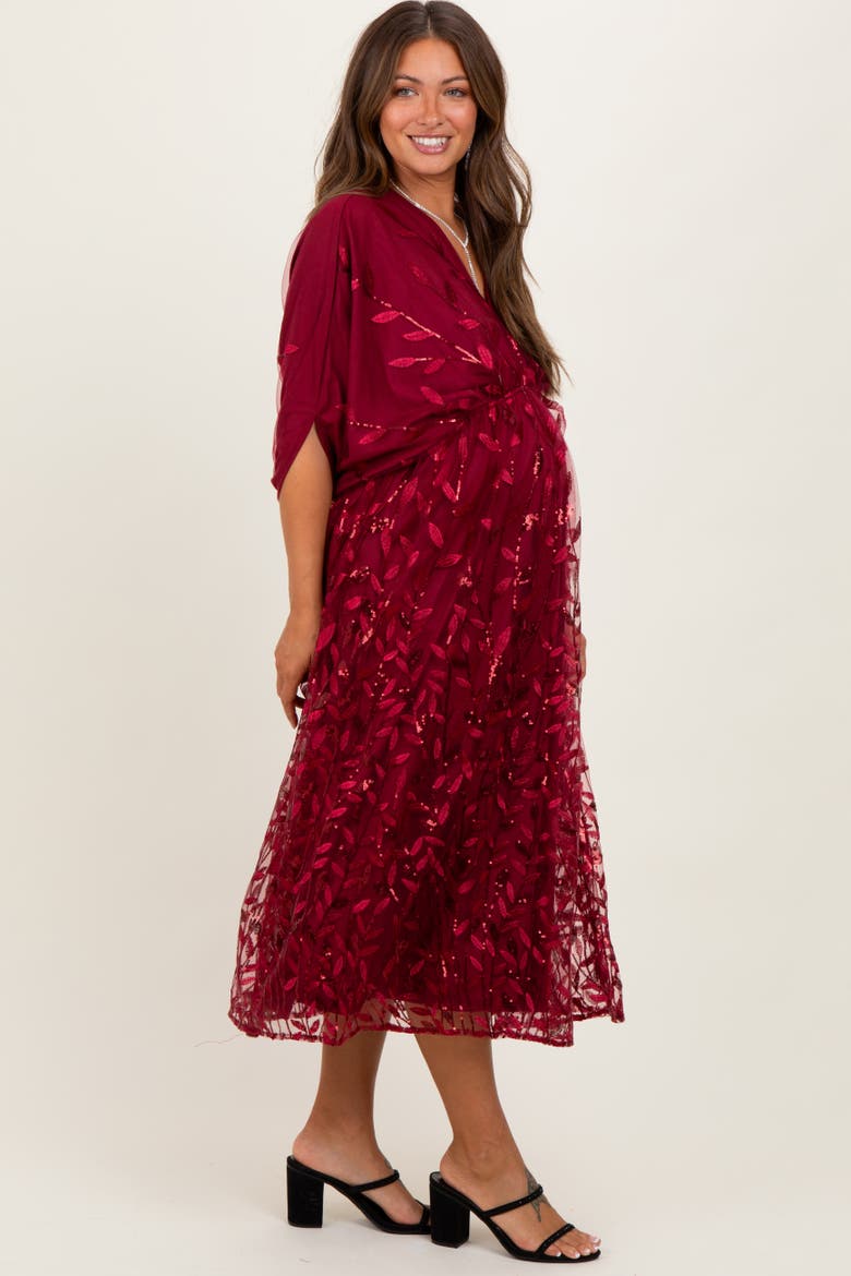 Embroidered Tulle Dolman V-Neck Midi Dress, Alternate, color, Burgundy