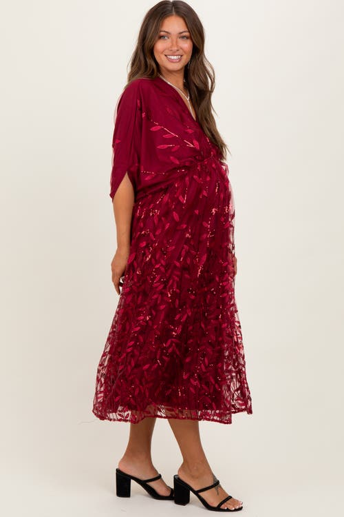 Pinkblush Embroidered Tulle Dolman V-neck Midi Dress In Red