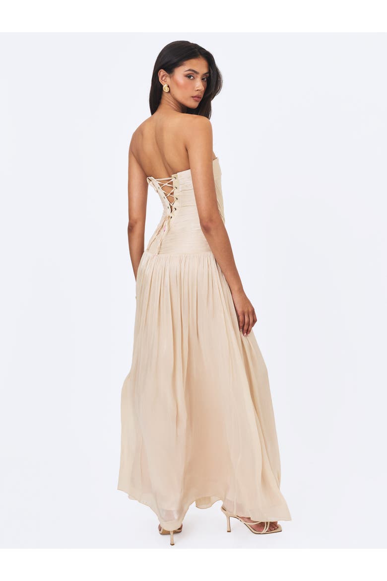 Olivine Crystal Organza Strapless Maxi Dress, Alternate, color, Beige