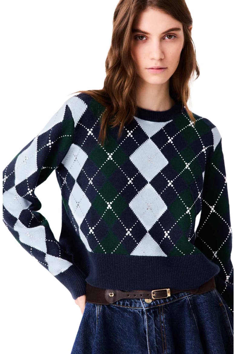 Argyle sweater with rhinestones, Alternate, color, Navy/green