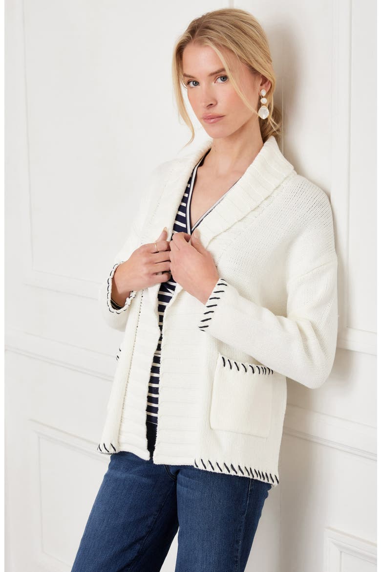 Contrast Stitch Open Front Cardigan, Alternate, color, OFF WHITE W/ NAVY