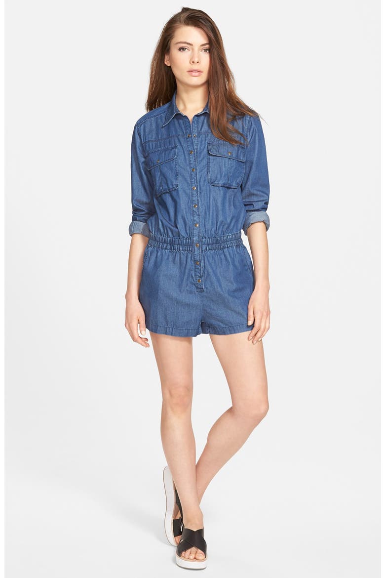 'Living Girl' Denim Romper, Main, color, BLUE