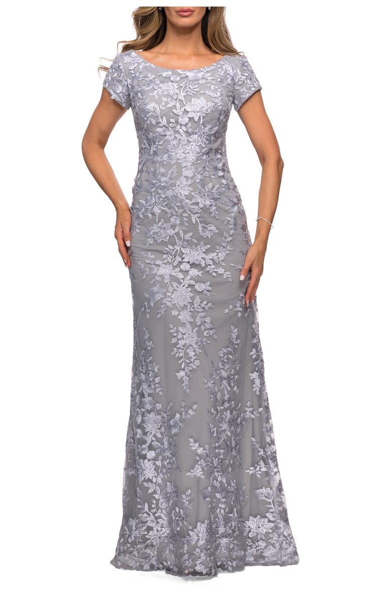 La Femme Long Three Quarter Sleeve Floral Lace Evening Gown, Main, color, Silver