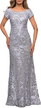 La Femme Long Three Quarter Sleeve Floral Lace Evening Gown