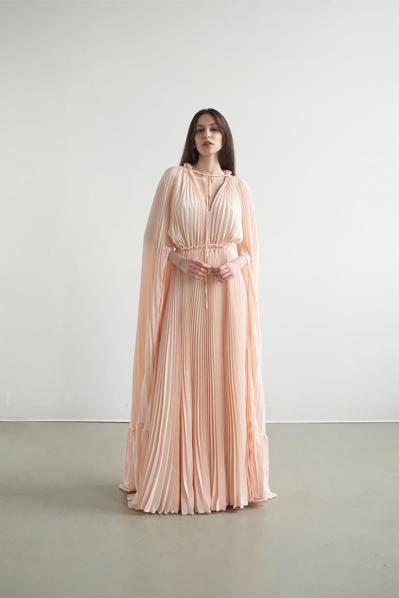 Zaria Plisse Cape Gown Peach Dust, Alternate, color, Peach