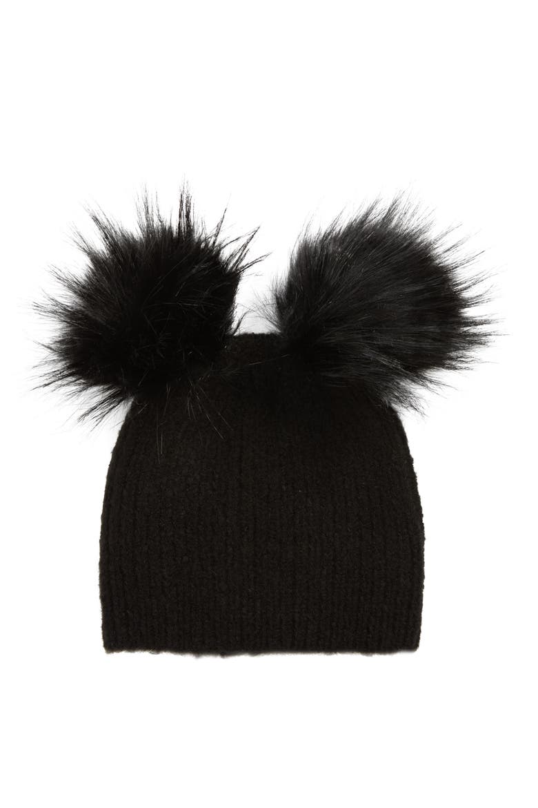 Faux Fur Double Pompom Beanie, Main, color, BLACK