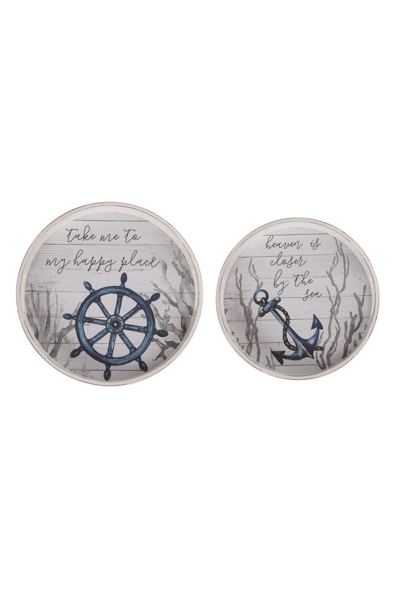 Transpac Wood 15.75 Inch Blue Spring Coastal Nested Trays Set of 2 Decorative Trays and Platters for Home Decor, Main, color, Blue