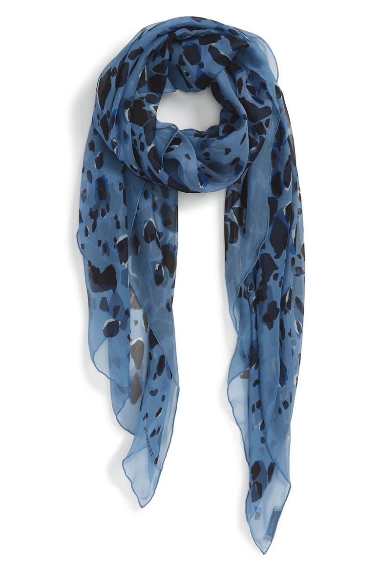 Animal Print Silk Georgette Scarf, Main, color, BLUE BELL