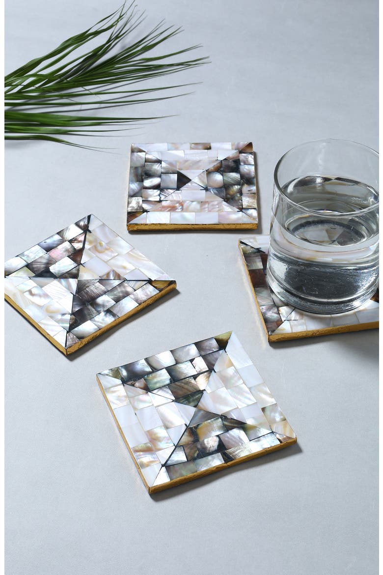 Set of 4 Mother of Pearl Resin Coasters, Alternate, color, GREY/ WHITE