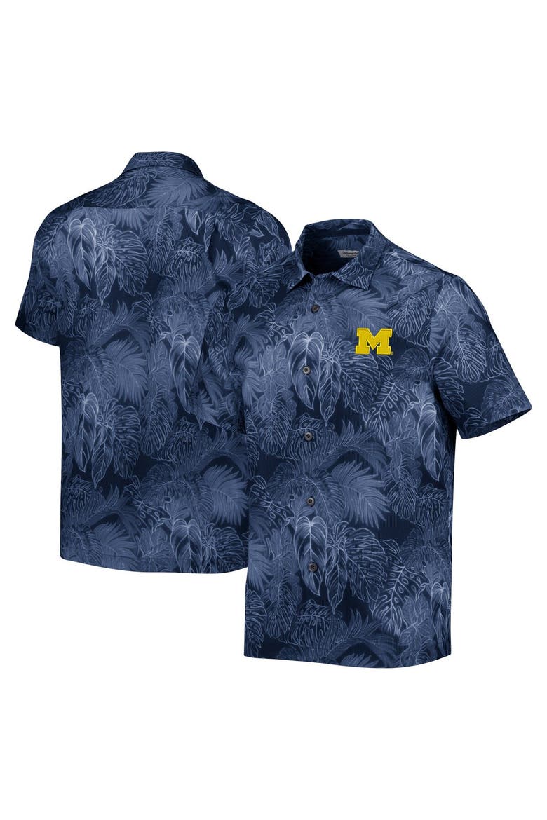 Men's Tommy Bahama Navy Michigan Wolverines Coast Luminescent Fronds IslandZone Button-Up Camp Shirt, Main, color, Navy